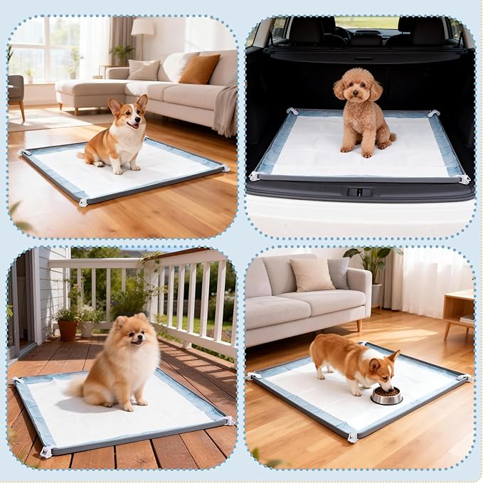 Pee Pad Holder for Dogs 24" x 24", Silicone Potty Tray with 4 Holder Clamps, High Edge No-Spill Dog Training Mat, Non-Slip Puppy Pad Tray Floor Protection for Indoor Use - Gray
