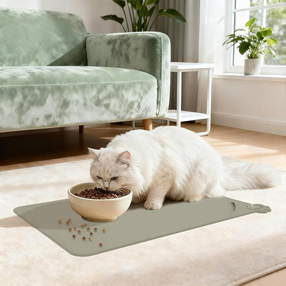 Silicone Pet Food Mat Dog Cat Waterproof Spill Proof Mess Control Easy Clean Floor Protector 18.8L x 11.8W Inch Beige