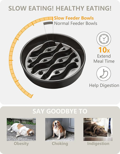 Ceramic Slow Feeder Dog Bowls for Medium and Large Dogs, 2.0 Cups Dog Slow Feeder for Fast Eater, 30oz, 8in, Black