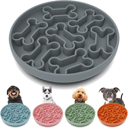 Silicone Slow Feeder Dog Bowl – Gray Bone Pattern | Food-Grade Non-Slip Dog Dish for Anti-Bloat, Fast Eating Prevention, 7.5” x 1.5”, Dishwasher Safe