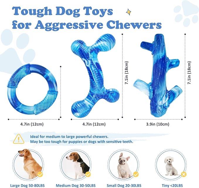 Furdog 3Pack Dog Toys for Aggressive Chewers Dog Chew Toy Tough Dog Toys to Keep Them Busy Bacon Flavor Teething Chew Toys & Dental Health for Large Medium Small Breeds (Blue)