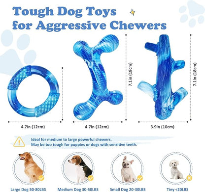 Furdog 3Pack Dog Toys for Aggressive Chewers Dog Chew Toy Tough Dog Toys to Keep Them Busy Bacon Flavor Teething Chew Toys & Dental Health for Large Medium Small Breeds (Blue)