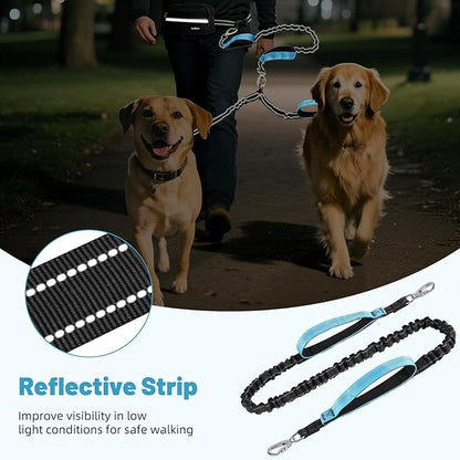 Hands Free Dog Leash for 2 Dogs with Pouch, Waist Leash for Dog Walking, Jogging, Hiking, Retractable Leashes with Dual Padded Handles, Adjustable Reflective Belt for Small, Medium, Large Dogs
