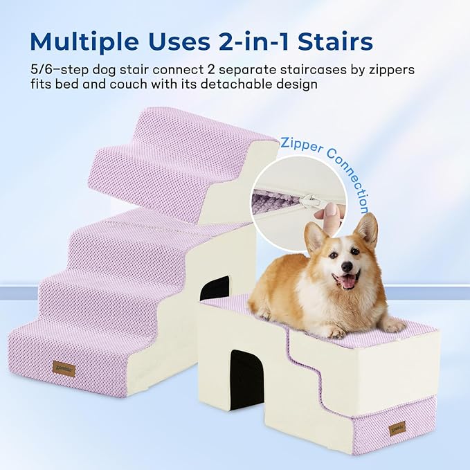 Dog Steps for High Beds - 6 Step 29" H Pet Stairs with Tunnel 2 in 1 with Zippers Suitable for Small Dogs and Cats, Indoor Cat Ladders with Non-Slip Bottom, Beige