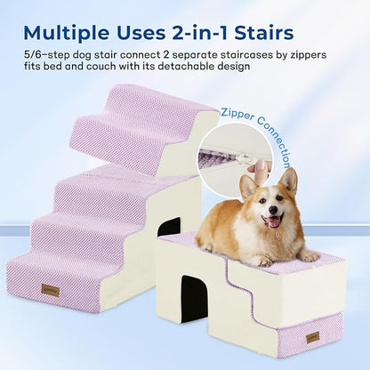 Dog Steps for High Beds - 6 Step 29" H Pet Stairs with Tunnel 2 in 1 with Zippers Suitable for Small Dogs and Cats, Indoor Cat Ladders with Non-Slip Bottom, Beige
