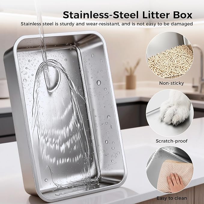 GTPLAYER Stainless Steel Litter Box for Big & Multiple Cats, Easy Clean Odor-Resistant Design, High Sided Leak-Proof Litter Box with Mat & Scoop – Grey 1 Pack