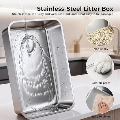 GTPLAYER Stainless Steel Litter Box for Big & Multiple Cats, Easy Clean Odor-Resistant Design, High Sided Leak-Proof Litter Box with Mat & Scoop – Grey 1 Pack