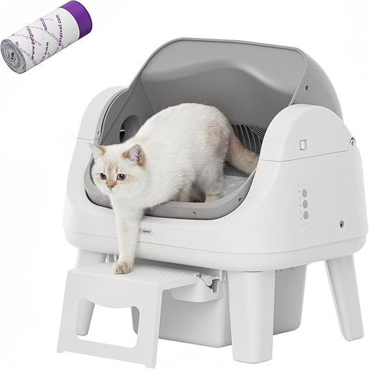 PetPivot Open Top Self Cleaning Cat Litter Box, Automatic Litter Box with 7 Pairs of Safety Sensors, Anti-Pinch Protection and Easy Access Step for Senior Cats, White Grey