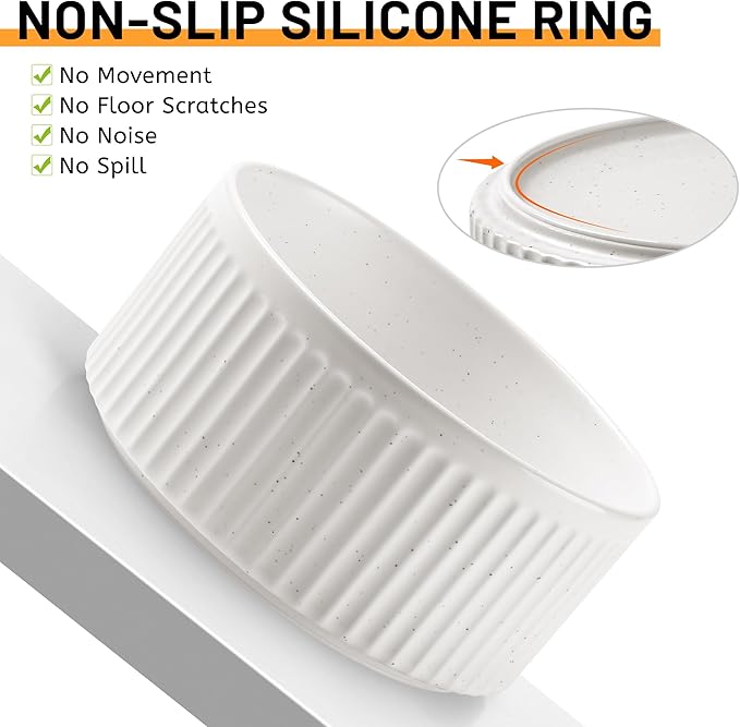 Non-Slip Ceramic Dog Bowls with Wooden Stand,8" Dog Food and Water Bowl Set with Silicone Base, 64 OZ/8 Cups Weighted Flip-Proof Pet Feeding Bowl for Small Dogs and Cats (Large,White)
