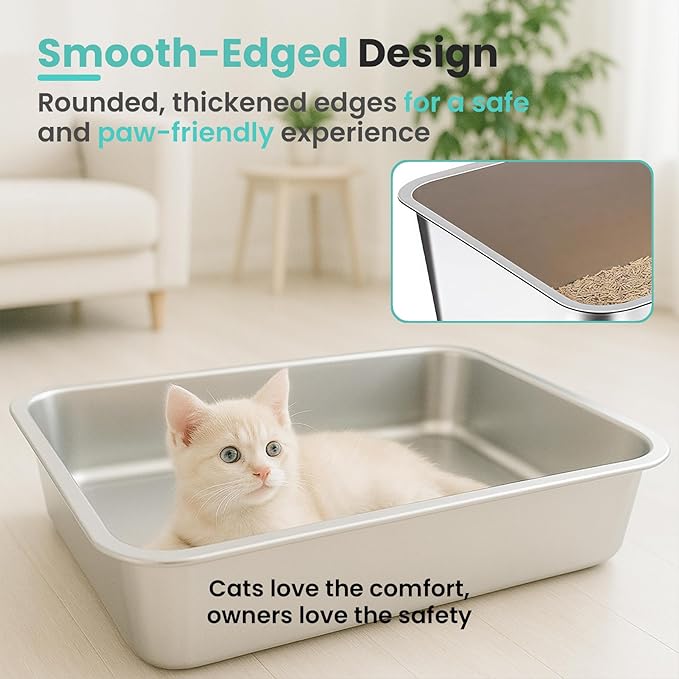 Small Stainless Steel Cat Litter Box, 15.8”x11.8”x4” Low Sided Metal Litter Box for Kittens and Rabbits, Odor Control Kitty Litter Tray, Non Sticky Indoor Litter Pan, Easy to Clean, S
