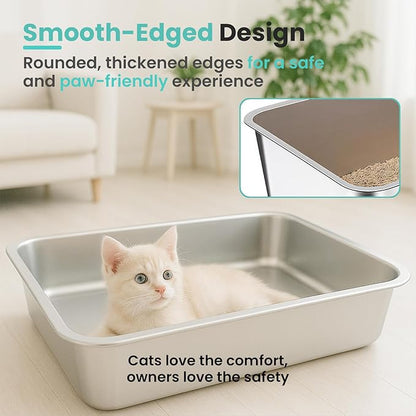 Small Stainless Steel Cat Litter Box, 15.8”x11.8”x4” Low Sided Metal Litter Box for Kittens and Rabbits, Odor Control Kitty Litter Tray, Non Sticky Indoor Litter Pan, Easy to Clean, S