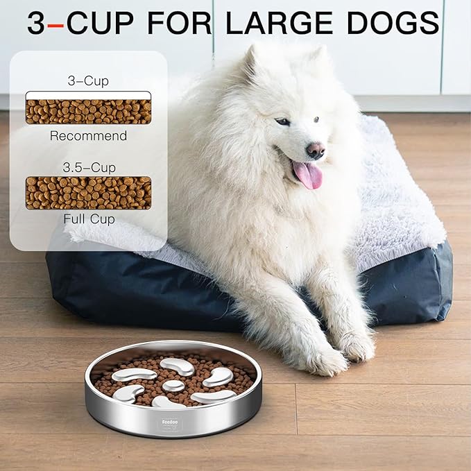 Slow Feeder Dog Bowl-3Cups for Large Breeds, Double Wall Food-Grade Stainless Steel, Heavy Duty with Non-Slip Rubber Base, Puzzle Maze Bowl to Slow Down Eating