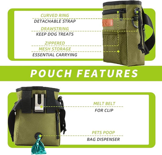 Dog Treat Training Pouch Easily Carries Pet Toys Kibble, Treats Built-in Poop Bag Dispenser 3 Ways to Wear Comes with a Foldable Silicone Bowl(Army Green)