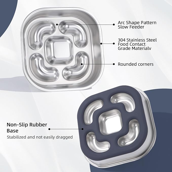 Nicelock Slow Feeder Dog Bowls 304 Stainless Steel 5 Cups, Large Capacity Dog Food Slow Feeding With Non-Slip Rubber Base, 2-in-1 Slow Feeder Metal Dog Bowl for All Breeds Size