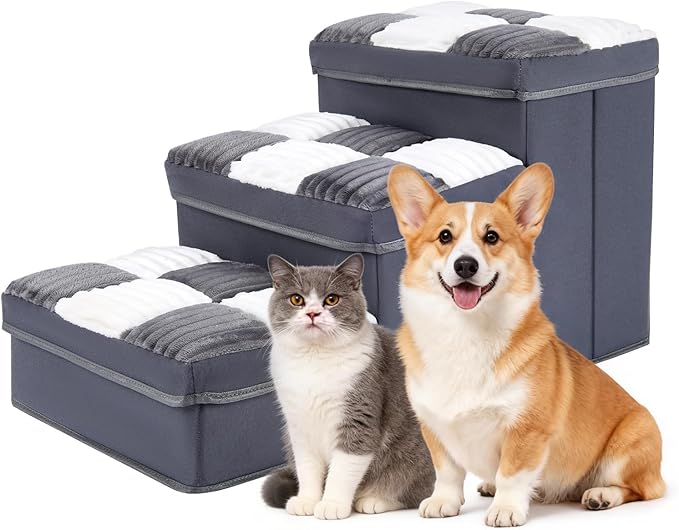 15.4''Dog Stair with Storage, Foldable Dog Steps for Bed with Soft Cover, Lightweight,3-Step Pet Stairs up to 70LBS, Non-Slip Puppy Stairs for Small Medium Dogs Puppy, Cats(Grey)