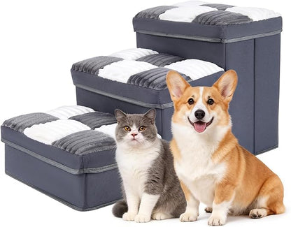 15.4''Dog Stair with Storage, Foldable Dog Steps for Bed with Soft Cover, Lightweight,3-Step Pet Stairs up to 70LBS, Non-Slip Puppy Stairs for Small Medium Dogs Puppy, Cats(Grey)