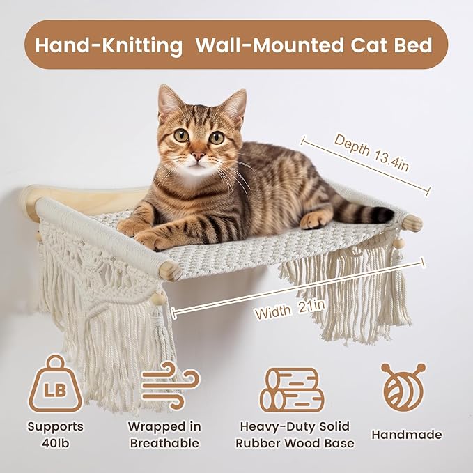 Macrame Cat Wall Shelves & Hammock - Comfy Cat Beds with Window Perch for Indoor Fun, Sleeping & Climbing,Maximum Hold Up to 30lb (Beige White - Cotton Rope)