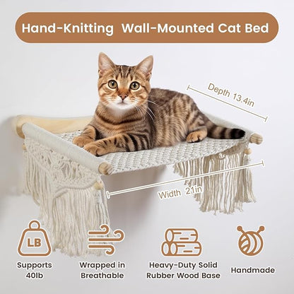 Macrame Cat Wall Shelves & Hammock - Comfy Cat Beds with Window Perch for Indoor Fun, Sleeping & Climbing,Maximum Hold Up to 30lb (Beige White - Cotton Rope)