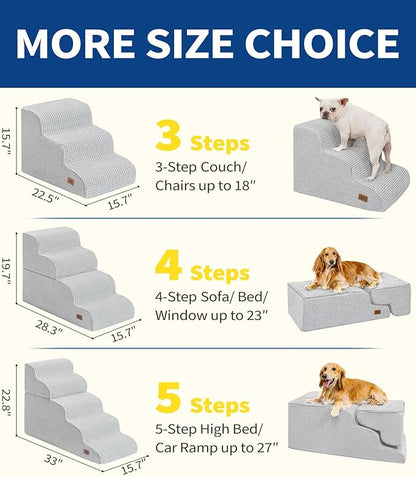 Dog Stairs for Small Dogs, 15.7" H Dog Steps for Bed 35D Strong Support Foam Stairs for High Bed or Couch Sofa Non-Slip Balanced Pet Steps Indoor, Light Grey