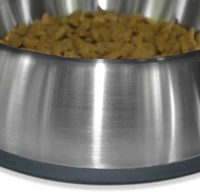 PetFusion Premium Brushed Anti-Tip Dog & Cat Bowls (Set of 2 Bowls). Food Grade Stainless Steel. Bonded Silicone Ring for Traction, Metallic, 32 oz