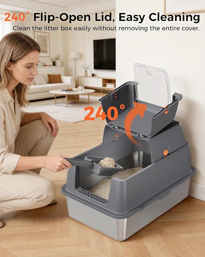 GTPLAYER XXL Stainless Steel Cat Litter Box with Lid, High Sided Enclosed Covered Litterbox, Activated Carbon Odor Control, Extra Large Metal Cat Box, Non-Stick, with Mat & Scoop, Grey