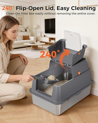 GTPLAYER XXL Stainless Steel Cat Litter Box with Lid, High Sided Enclosed Covered Litterbox, Activated Carbon Odor Control, Extra Large Metal Cat Box, Non-Stick, with Mat & Scoop, Grey
