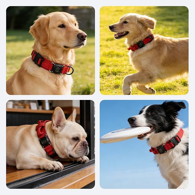Xqpetlihai Upgraded AirTag Dog Collar Waterproof Tactical Dog Collar with AirTag Holder Heavy Duty Dog Collars for Large Dogs(Red，L