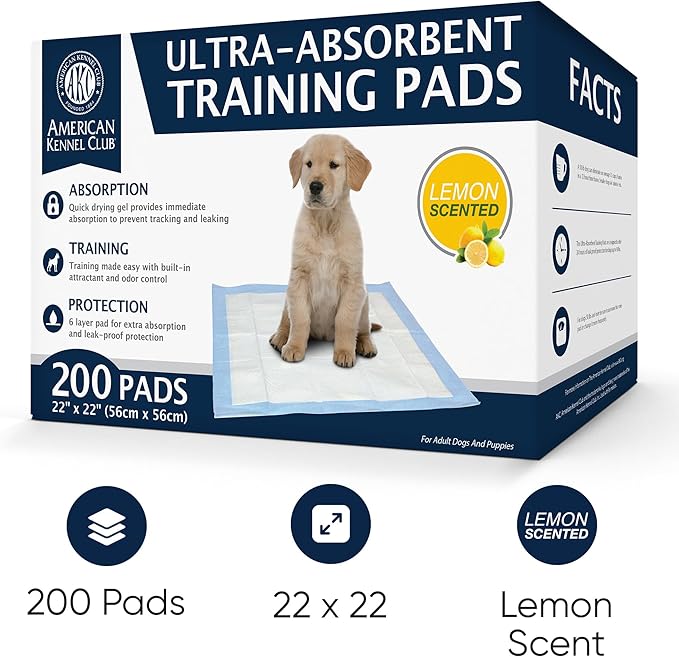 American Kennel Club Scented Puppy Training Pads with Ultra Absorbent Quick Dry Gel – 22 x 22 Pee Pads for Dogs - Lemon Scented - 200 Count