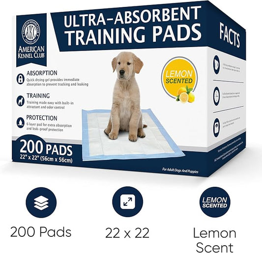 American Kennel Club Scented Puppy Training Pads with Ultra Absorbent Quick Dry Gel – 22 x 22 Pee Pads for Dogs - Lemon Scented - 200 Count