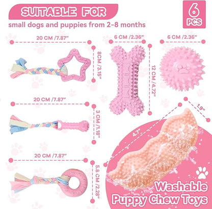 Petcare 6 Pack Puppy Chew Toys for Teething Cute Pink Puppy Toys Small Dog Toys Soft Rubber Rope Dog Toys Funny Bone Ball Cleaning Teeth Dog Chew Toys Puppy Teething Toys for Puppies Yorkie