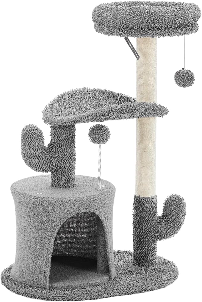 DUMOS 33-inch Cat Tree Tower for Indoor Cats, Small Cat Scratching Post with Curved Bed, Cat Tree with Cat Condo for Adult, Grey