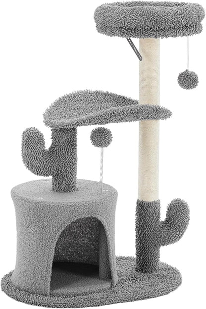 DUMOS 33-inch Cat Tree Tower for Indoor Cats, Small Cat Scratching Post with Curved Bed, Cat Tree with Cat Condo for Adult, Grey
