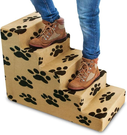 Best Pet Supplies Dog Stairs & Steps - Foam Steps for Small Dogs & Cats, Non-Slip Indoor Balanced Pet Step Support, Dog Ramp, No Assembly, Paw Print on Beige, 5-Step (22.5-inch Height)