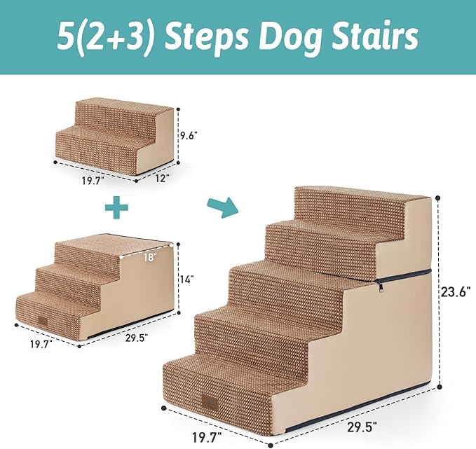 Dog Stairs with Detachable Zipper, 19.7" Extra Wide Right-Angle Pet Stairs for Bed, Anti-Slip Dog Steps for Lowrider and Elderly Cats with Support Board, 19.7x29.5x23.6 inch, Light Brown