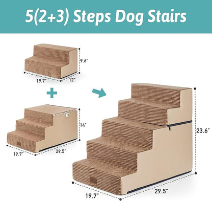 Dog Stairs with Detachable Zipper, 19.7" Extra Wide Right-Angle Pet Stairs for Bed, Anti-Slip Dog Steps for Lowrider and Elderly Cats with Support Board, 19.7x29.5x23.6 inch, Light Brown