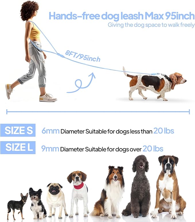 PetiFine Hands Free Dog Leash, Crossbody Waist Leash for Dog Walking, 8 ft Multifunctional Waterproof Waist Lead for Swimming,Running,Training (Large,Blue)