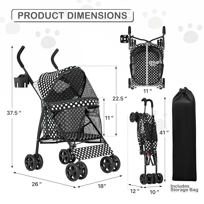 MoNiBloom 4 Wheels Pet Stroller, Easy-Fold Umbrella Shaped Dog Cat Jogger Stroller w/Storage Bag & Visible Mesh for Small/Medium Dogs Cats Black Polka Dots