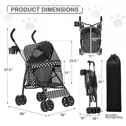 MoNiBloom 4 Wheels Pet Stroller, Easy-Fold Umbrella Shaped Dog Cat Jogger Stroller w/Storage Bag & Visible Mesh for Small/Medium Dogs Cats Black Polka Dots