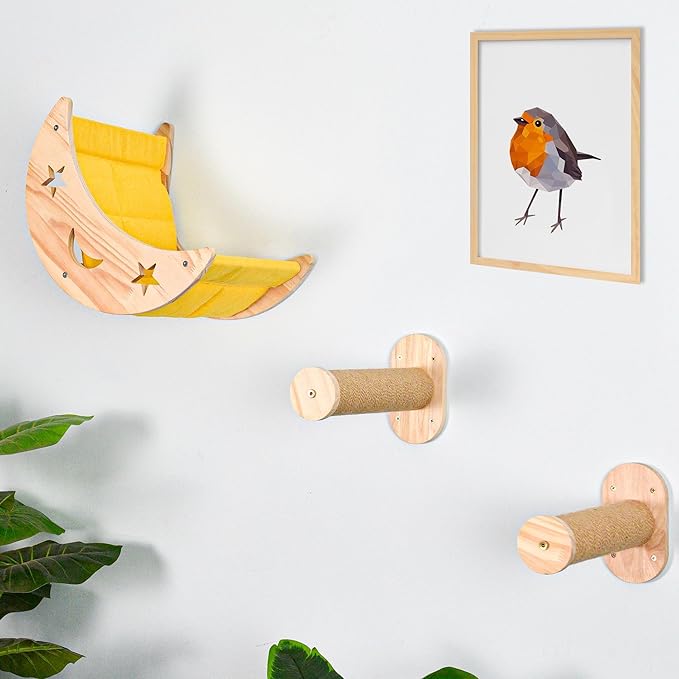 Wall Cat Bed Moon Hammock Wall Mounted Shelf with 2 Steps Climbing Sheves and Sisal Platforms Rope Scratching Post Wood Wall Furniture Bridge Ladder Wooden Indoor Cats Wall Bed-Moon Set