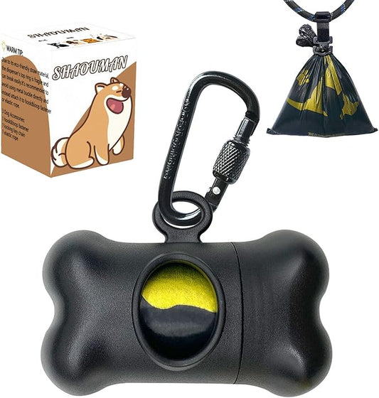 Bone-Shaped Dog Poop Bag Holder for Leash |Dispenser with 15 Leak-Resistant Waste Bags & Carabiner Clip(Black)