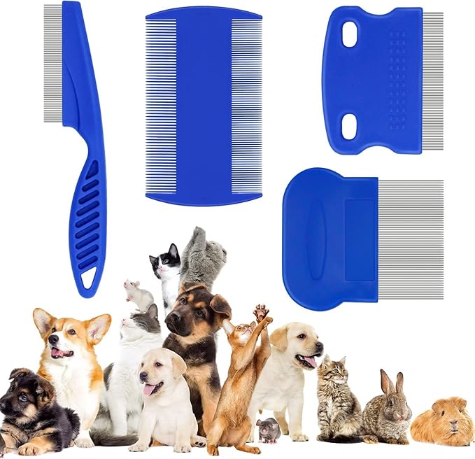 4-in-1 Pet Comb Set: Flea Lice Comb for Cats & Dogs, 4 Styles, All Hair Types, Blue