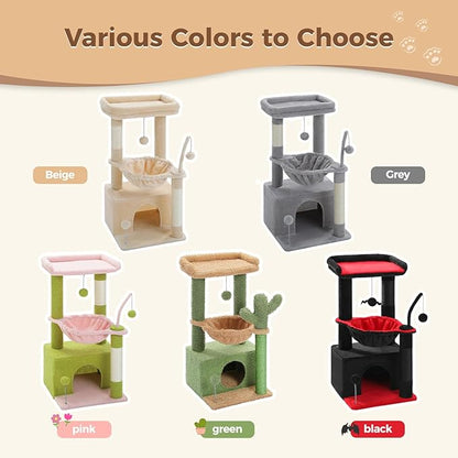 PEQULTI 4-in-1 Cat Tree, 33'' Cat Tower for Indoor Cats with Large Cat Condo, Scratching Post for Cats with Deep Hammock& Cozy Top Perch, Beige