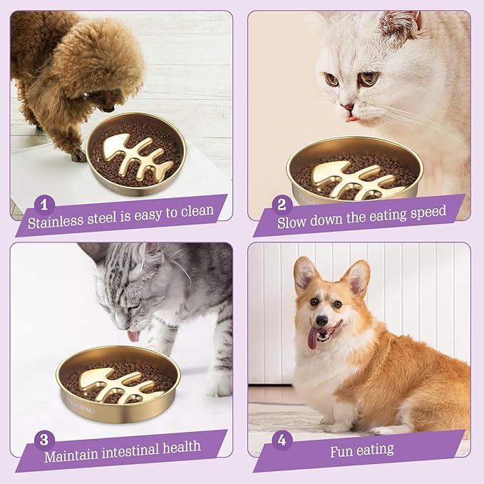 Golden Stainless Steel Slow Feeder Dog Bowls – Non-Slip Metal Dog Bowl for Large & Medium Breeds, Puppy Puzzle Feeder – 2 Cup Capacity for Small to Big Pets – Durable Slow Feed (Fishbone-Golden)