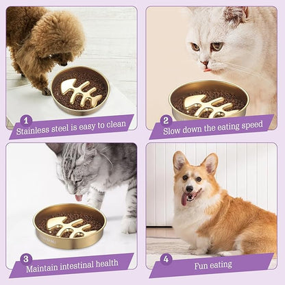 Golden Stainless Steel Slow Feeder Dog Bowls – Non-Slip Metal Dog Bowl for Large & Medium Breeds, Puppy Puzzle Feeder – 2 Cup Capacity for Small to Big Pets – Durable Slow Feed (Fishbone-Golden)