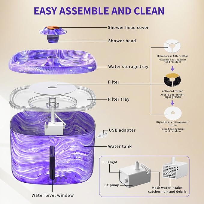 Cat Water Fountain Purple: Automatic Flower Pet Water Fountain for Cats Indoor-84oz/2.5L, Cute Cat Fountain for Drinking, LED Blue Light, Upgraded Ultra Quiet Pump, Gifts for Cats, Dogs (2Filters)