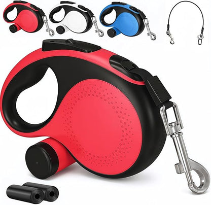 26 ft Retractable Dog Leash Red - Heavy Duty Retractable Pet Leash Chew Proof Cable with Anti-Slip Grip for Medium to Large Dogs up to 110 lbs 360° Tangle-Free, (Red)