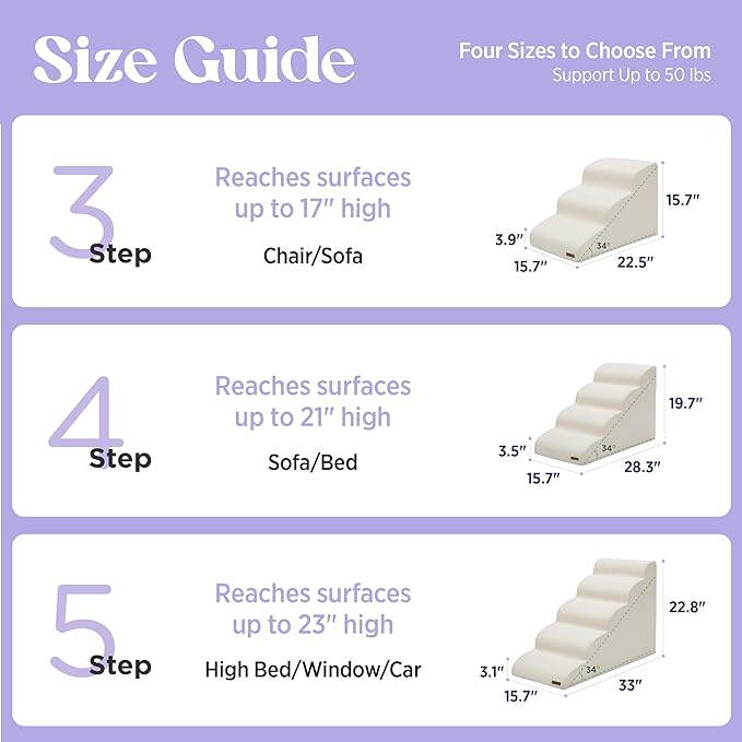 Lesure Dog Stairs for Small Dogs Pet Steps Ramp for High Bed and Couch with CertiPUR-US Certified Foam with Non-Slip Bottom, Beige, 4 Steps