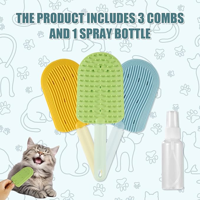 3pcs Cat Tongue Combs, 2024 New Cat Grooming Brushes with 1 Spray Bottle Cat Shedding Brush for Long Haired Cats Ice Cream Cat Fur Remover Comb for Easily Removes Fur Reducing Hairballs