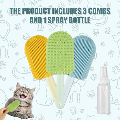 3pcs Cat Tongue Combs, 2024 New Cat Grooming Brushes with 1 Spray Bottle Cat Shedding Brush for Long Haired Cats Ice Cream Cat Fur Remover Comb for Easily Removes Fur Reducing Hairballs