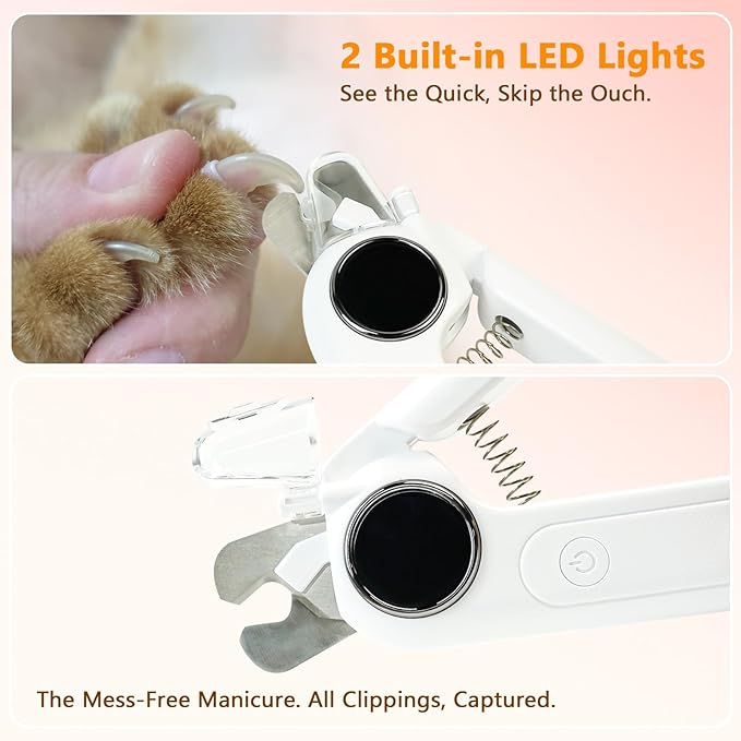 2-in-1 Dog Nail Clippers with Light & Digital Display – Upgraded Pet Nail Grinder, Safety Guard, USB Rechargeable Catcher for Cats and Dogs, Low Noise & Painless Trimming (White)